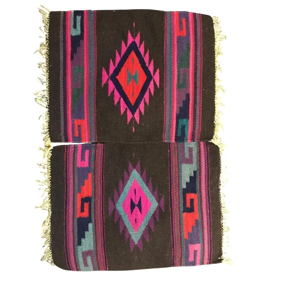 Vintage Southwestern Woven Wool Placemats Set of 2 Geometric Diamond Brown Pink